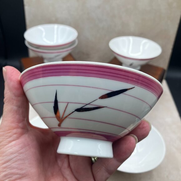 Rare 8-Piece Vintage Japanese Kutani-Yaki Rice Bowl Set Wide Mouth Pink and Gold - Picture 7 of 11